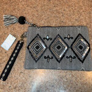 Bamboo Trading Company Black and White Beaded and Sequin Club Bag NWT